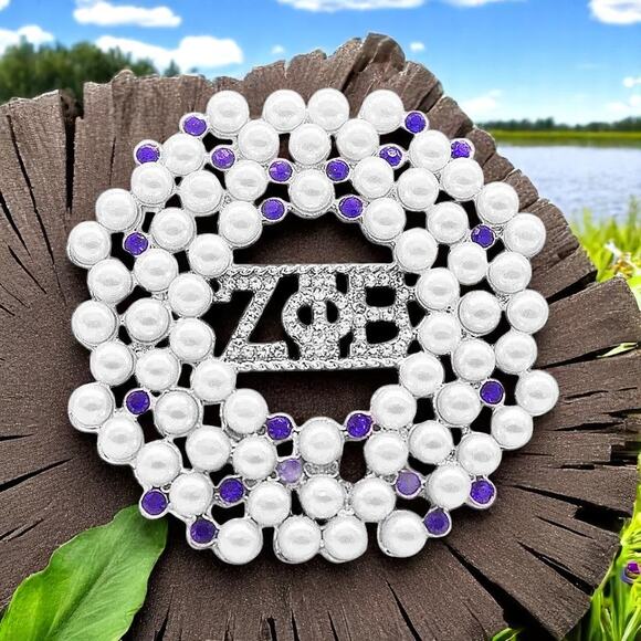 Zeta Phi Beta Brooch with Logo Blue Rhinestones and White Pearls - Picture 1 of 2